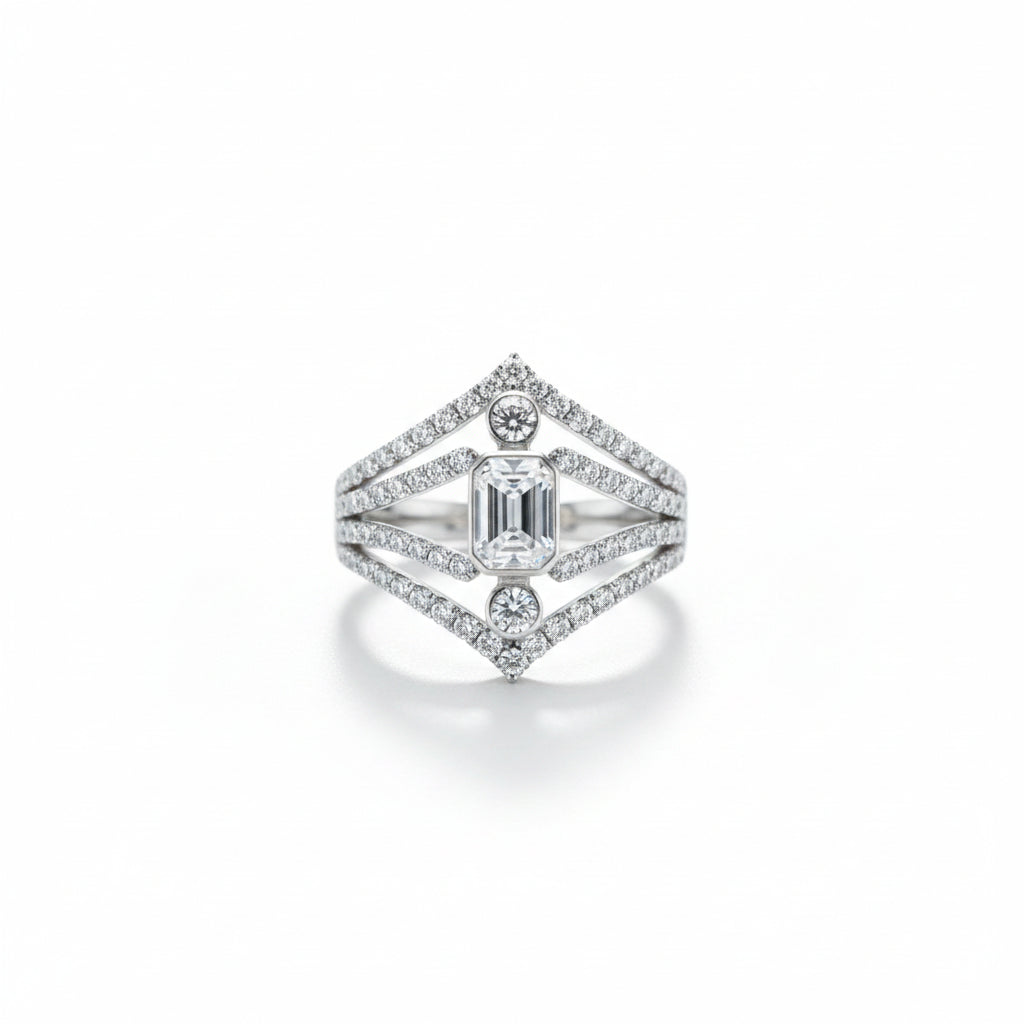 D Color Moissanite Geometric Emerald-Cut Statement Ring