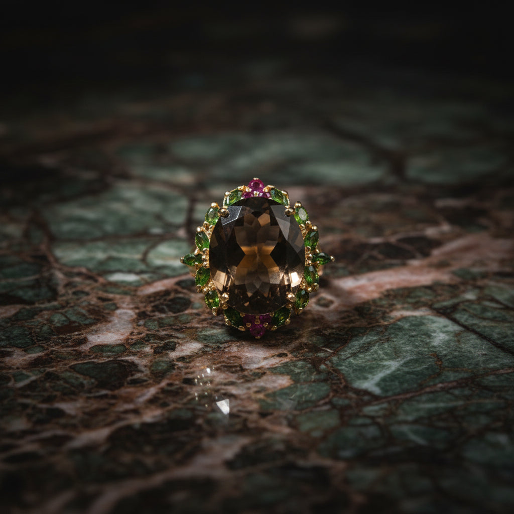 Smokey Quartz Chrome & Ruby Ring