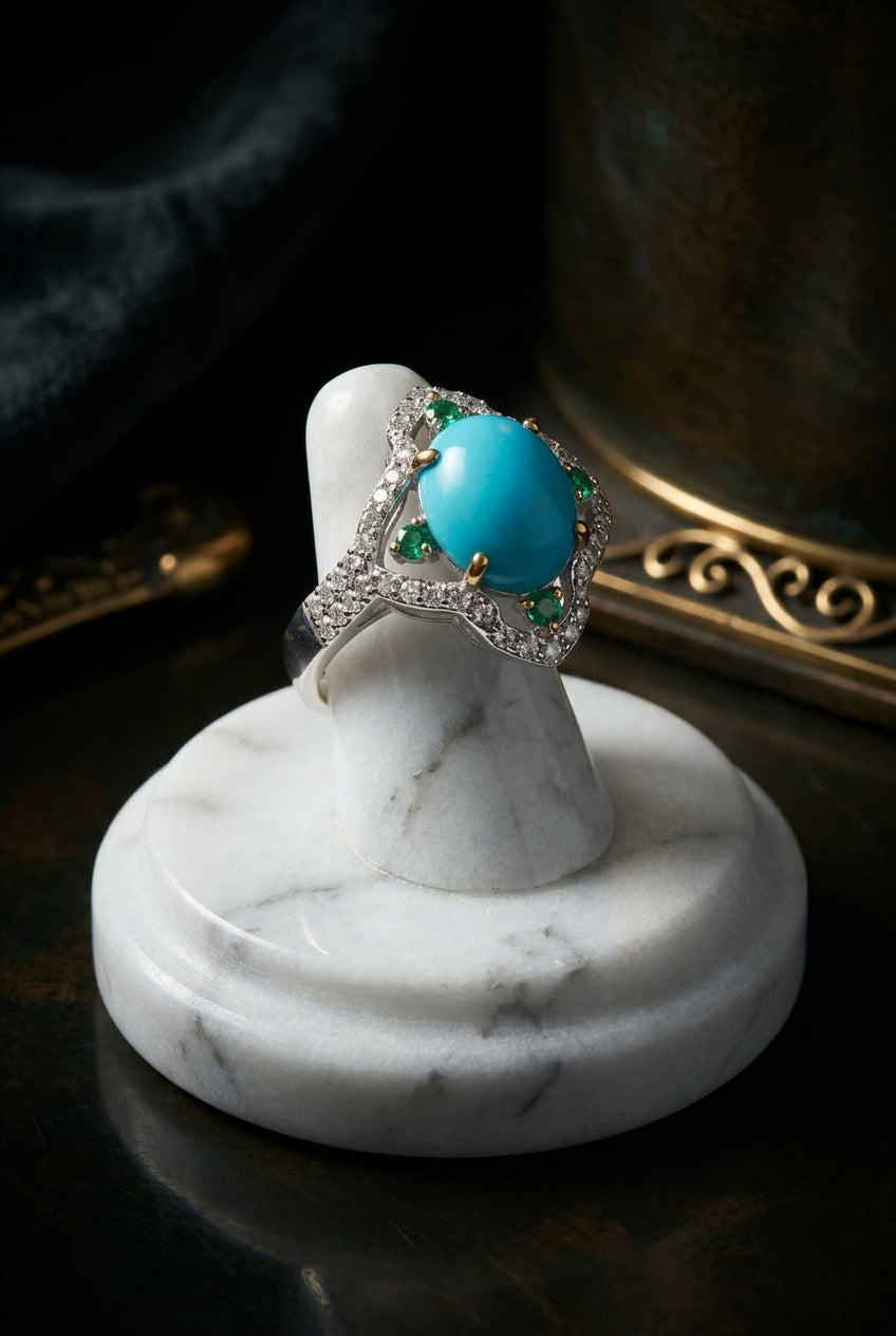 Royal Turquoise, Tsavorite & Diamond Statement Ring
