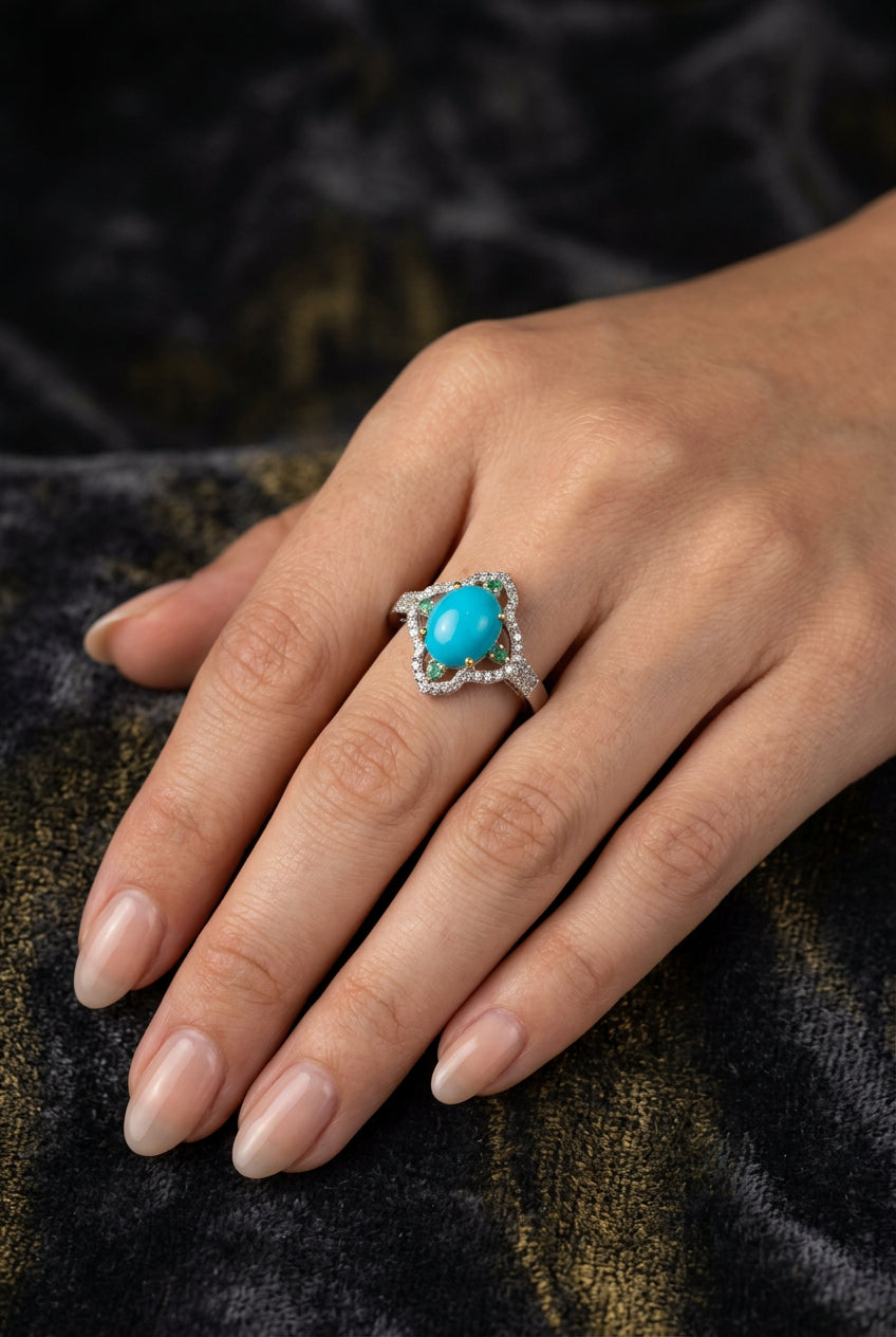 Royal Turquoise, Tsavorite & Diamond Statement Ring