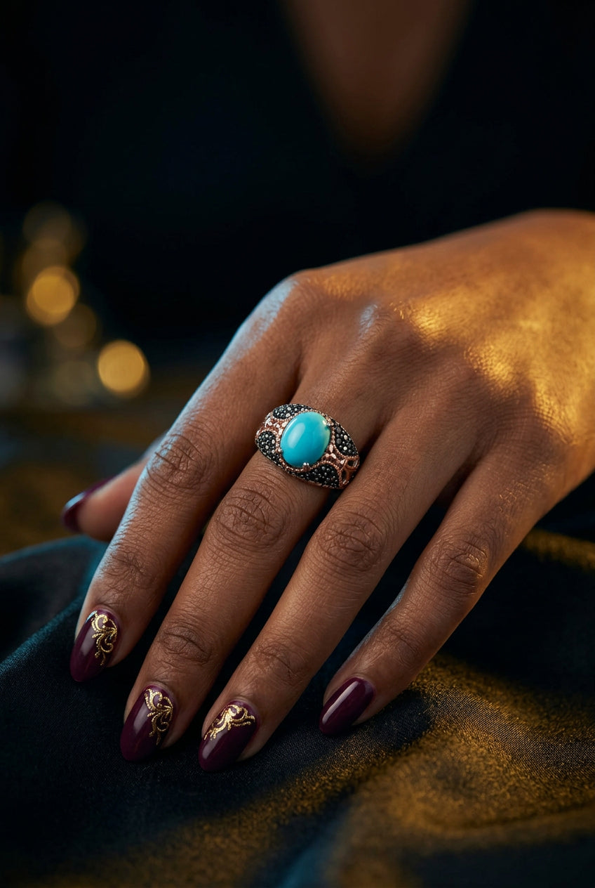 Royal Turquoise & Black Stone Statement Ring