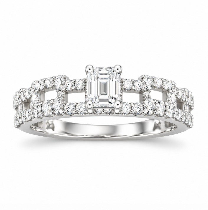 D Color Moissanite Emerald-Cut Link Ring