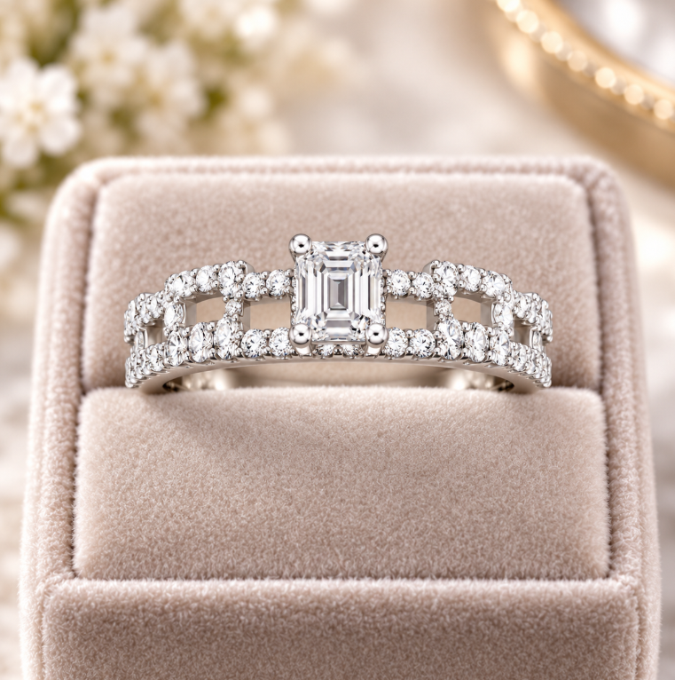 D Color Moissanite Emerald-Cut Link Ring