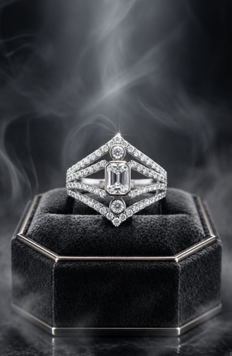 D Color Moissanite Geometric Emerald-Cut Statement Ring