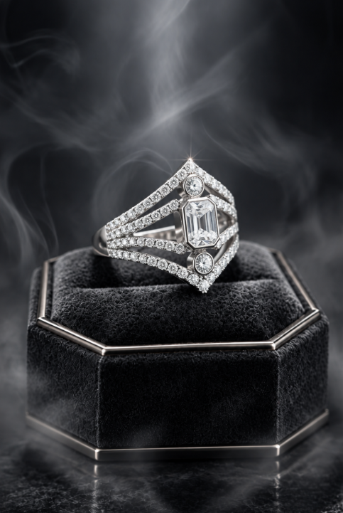 D Color Moissanite Geometric Emerald-Cut Statement Ring