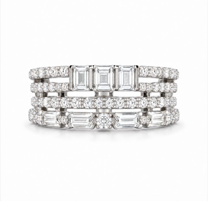 D Color Moissanite Multi-Row Emerald Cut Band Ring