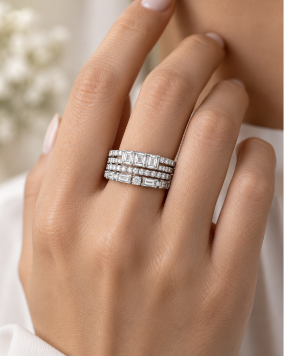 D Color Moissanite Multi-Row Emerald Cut Band Ring