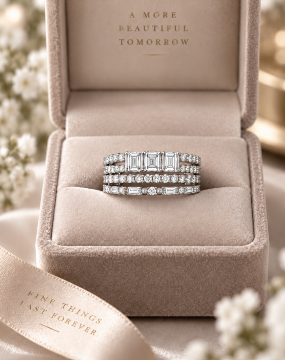 D Color Moissanite Multi-Row Emerald Cut Band Ring