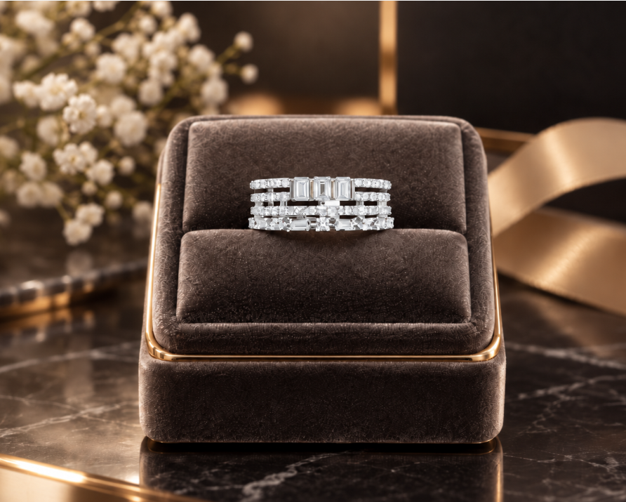 D Color Moissanite Multi-Row Emerald Cut Band Ring