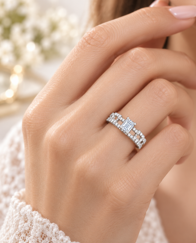 D Color Moissanite Emerald-Cut Link Ring