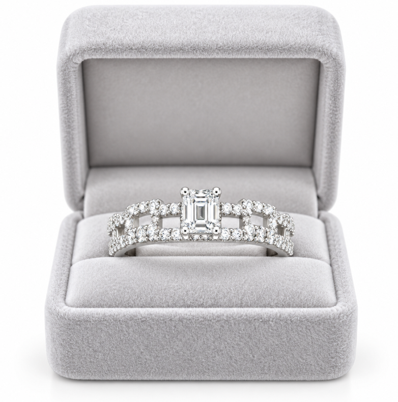 D Color Moissanite Emerald-Cut Link Ring