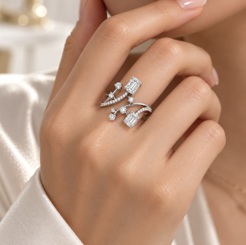 D Color Moissanite Open Wrap Statement Ring