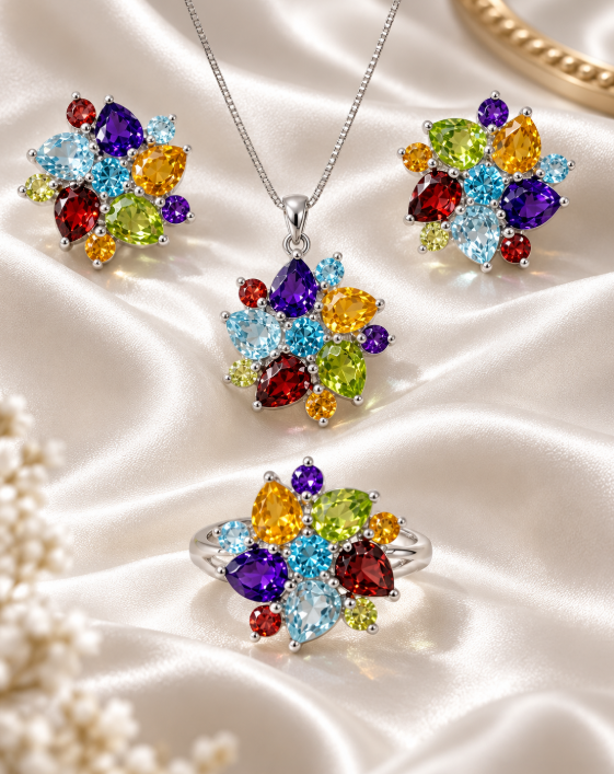 Mixed Gemstone Floral – Earrings, Pendant & Ring