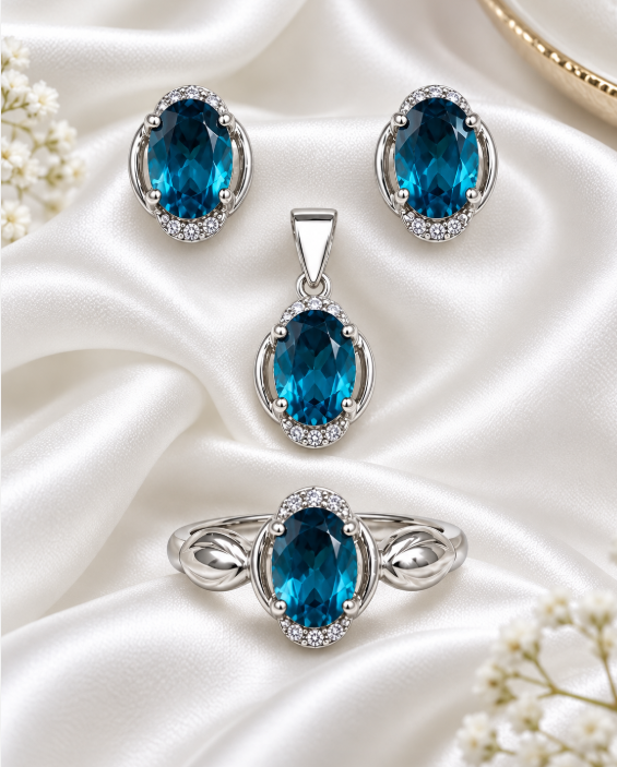 London Blue Topaz Halo Jewelry Set