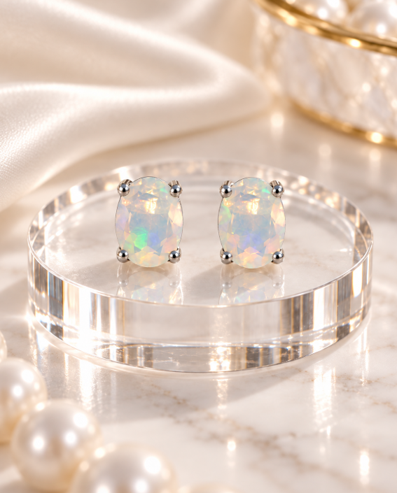 White Opal Stud Earrings
