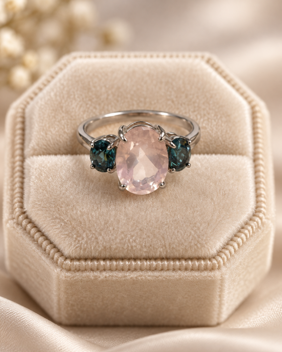 Rose Quartz & London Blue Three-Stone Ring