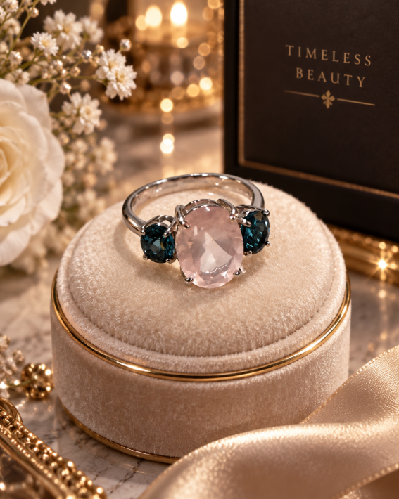 Rose Quartz & London Blue Three-Stone Ring