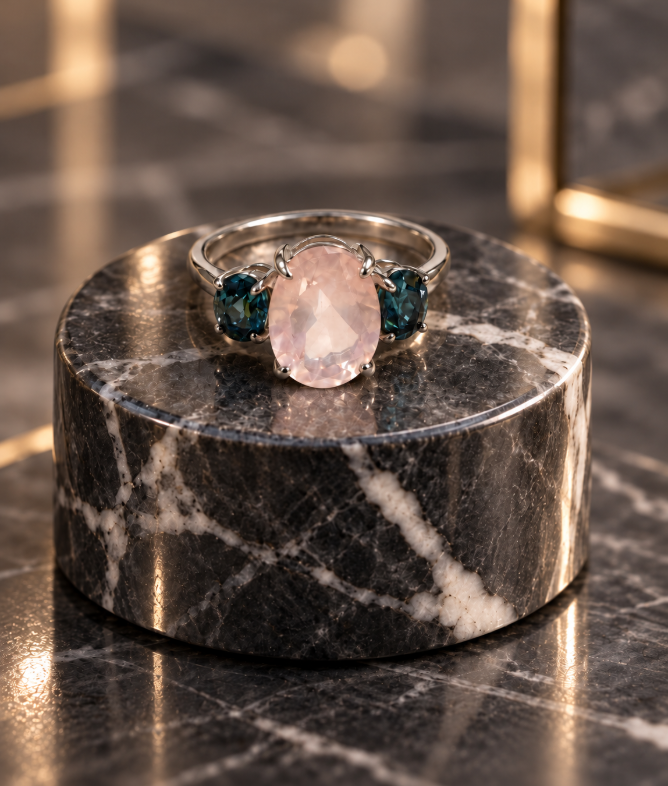 Rose Quartz & London Blue Three-Stone Ring