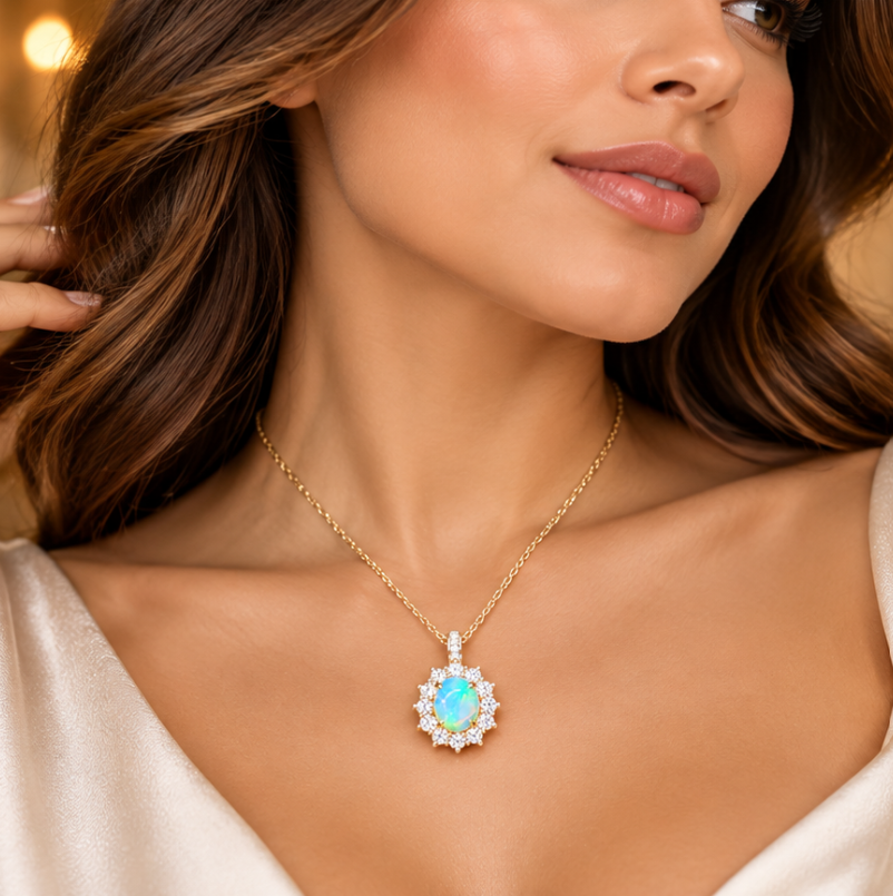 Ethiopian Opal and White Topaz with a Diamond Pendant